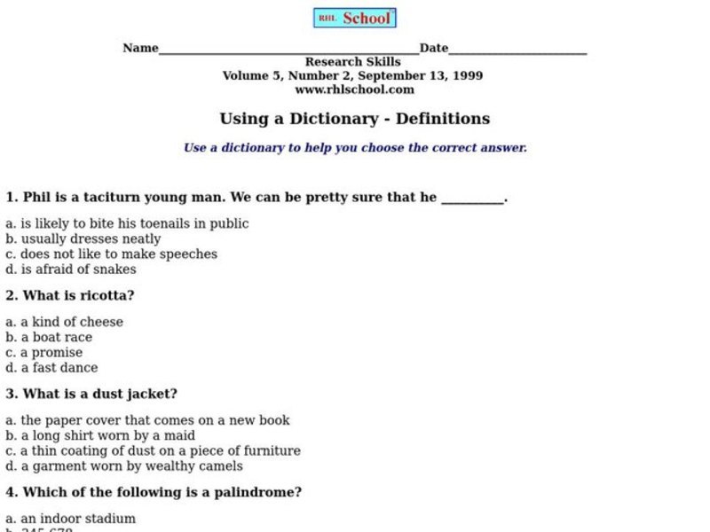 Using a Dictionary- Definitions Worksheet