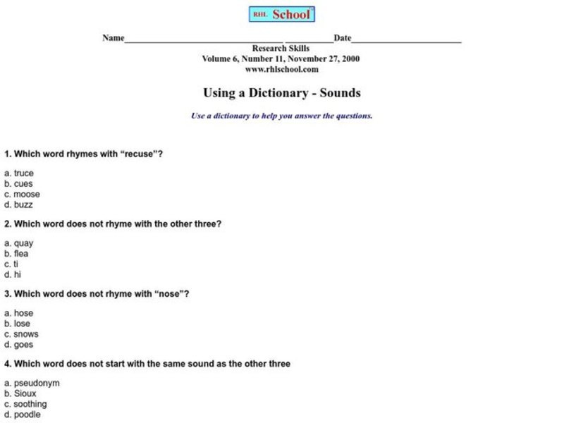 Using a Dictionary - Sounds Worksheet