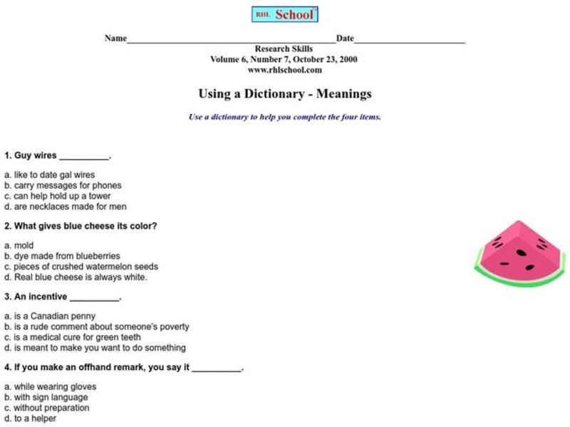 Using a Dictionary--Meanings Worksheet