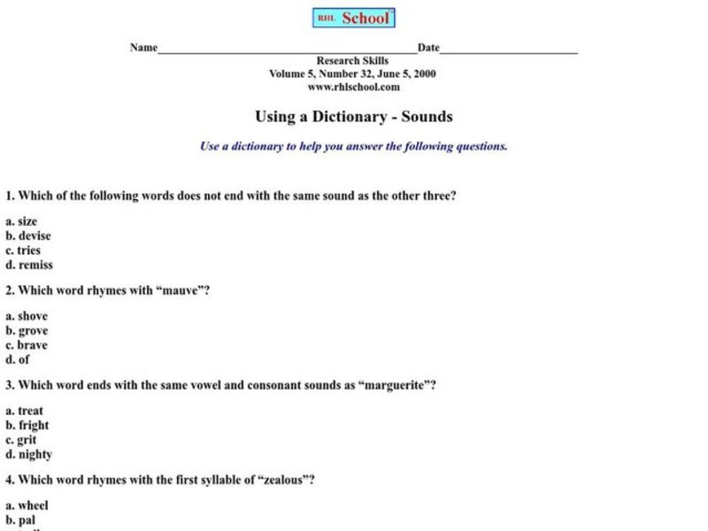 Using a Dictionary-Sounds Worksheet