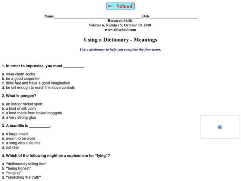Using a Dictionary--Meanings Worksheet