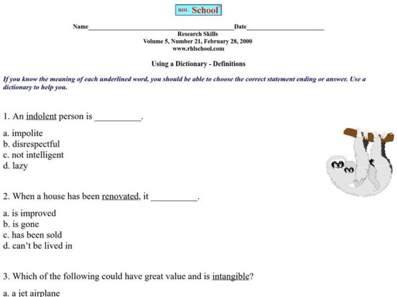 Using a Dictionary--Definitions Worksheet