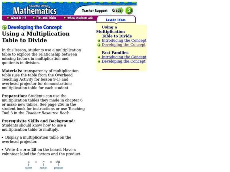Using a Multiplication Table to Divide Lesson Plan