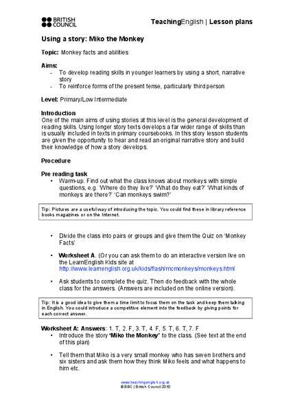 Using a Story: Miko the Monkey Lesson Plan