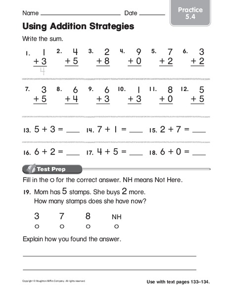 Using Addition Strategies Worksheet