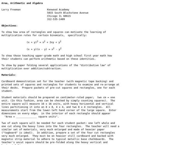 Area, Arithmetic and Algebra Lesson Plan