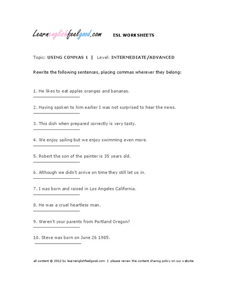 Using Commas Worksheet