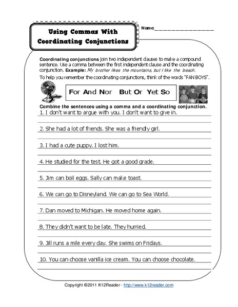 Using Commas with Coordinating Conjunctions Worksheet
