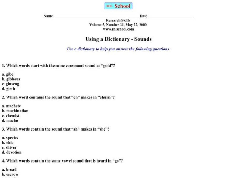 Using a Dictionary-Sounds Worksheet
