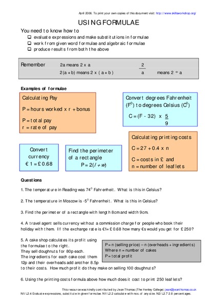Using Formulae Worksheet