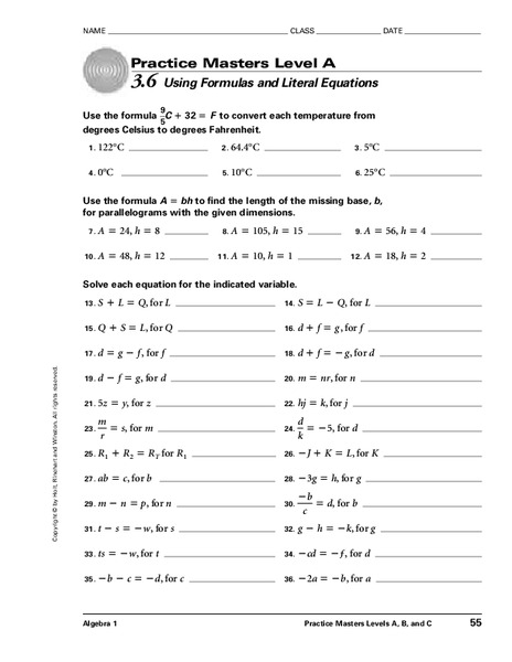Using Formulas and Literal Equations Lesson Plan