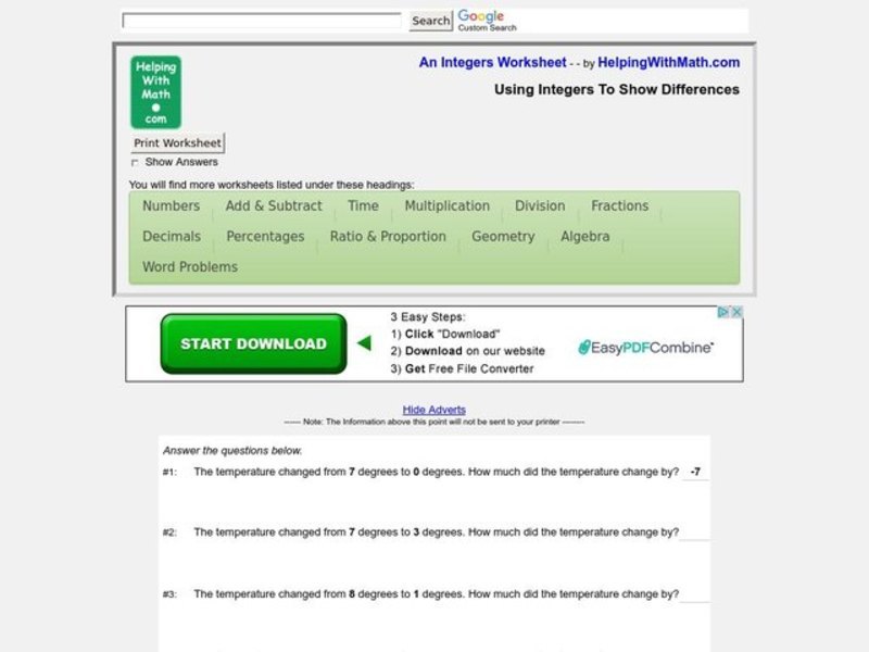 Using Integers To Show Differences Worksheet
