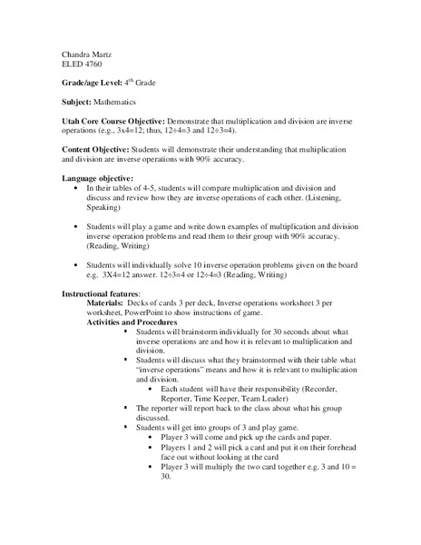 Using Inverse Operations Lesson Plan