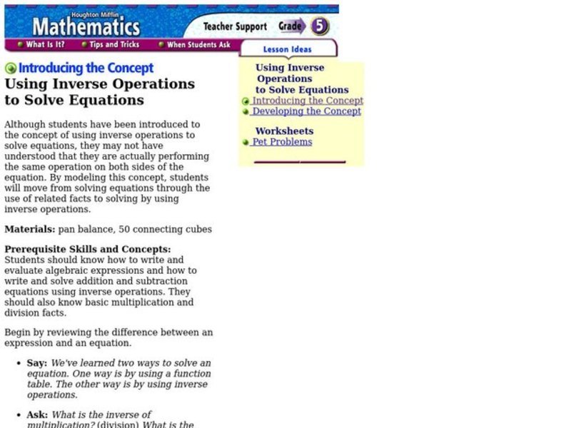 Using inverse Operations to Solve Equations Lesson Plan