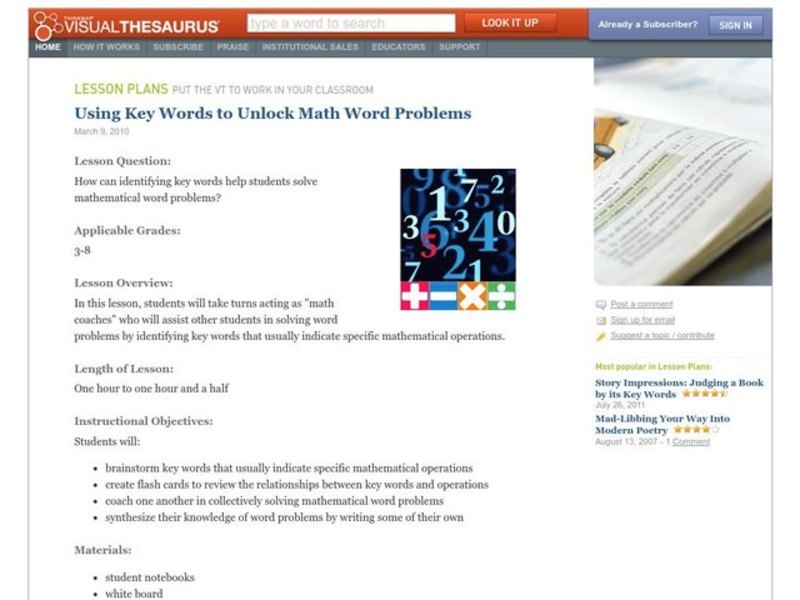Using Key Words to Unlock Math Word Problems Lesson Plan