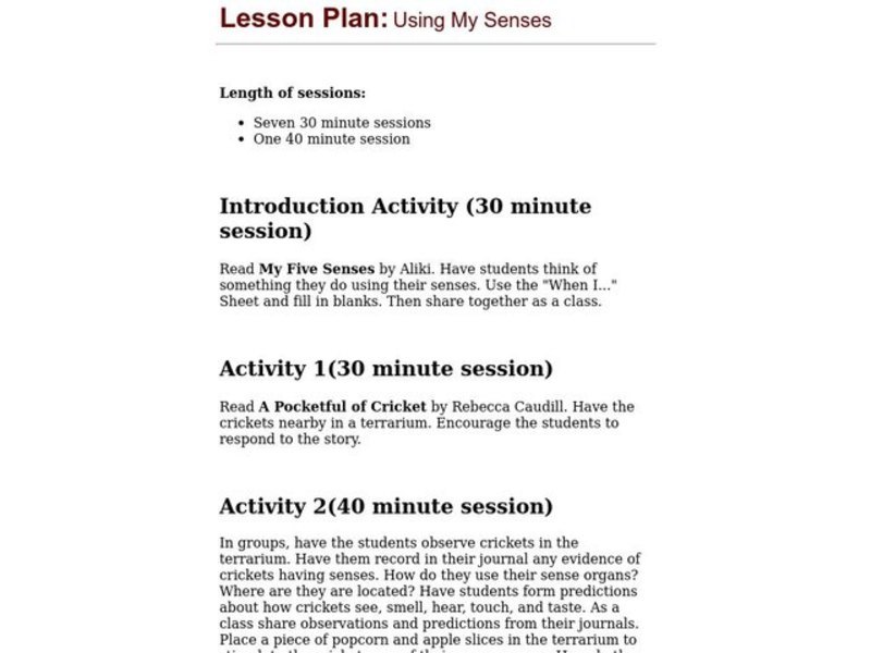 Using My Senses Lesson Plan