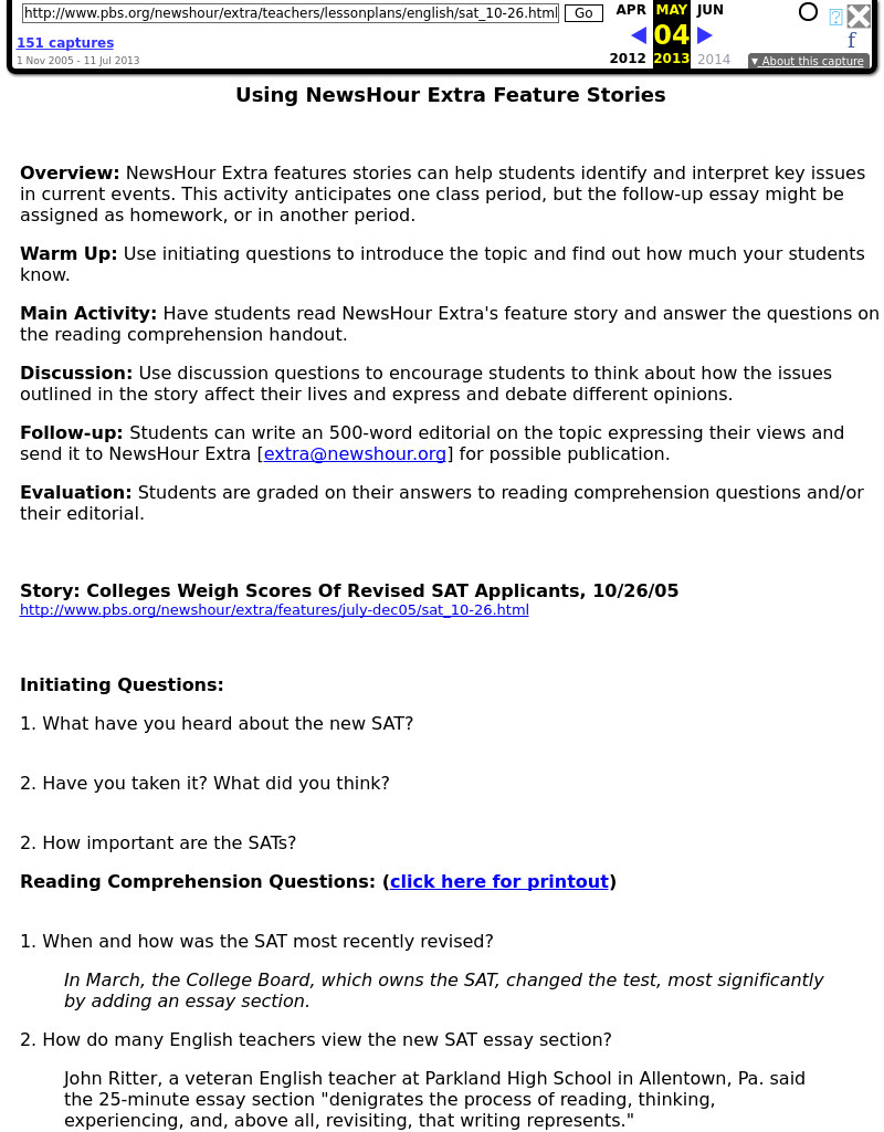 Using NewsHour Extra Feature Stories Lesson Plan