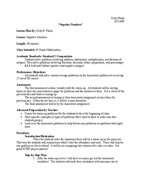 Using Negative Numbers Lesson Plan