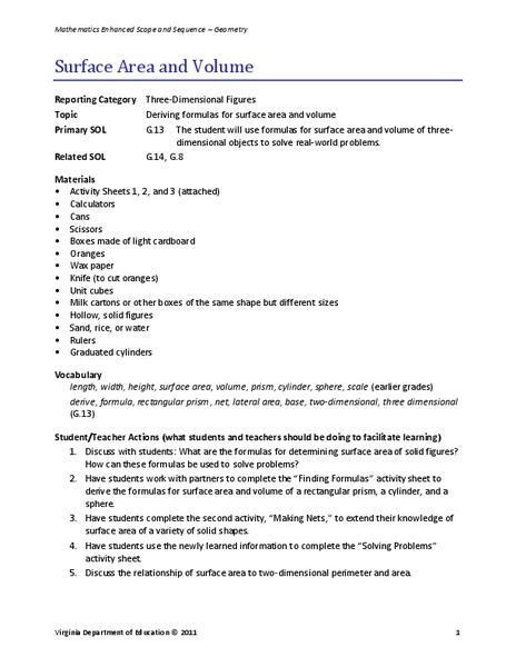 Surface Area and Volume Lesson Plan