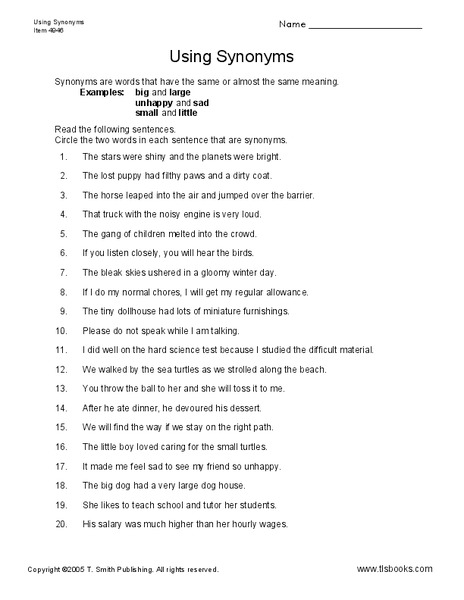 Using Synonyms Worksheet