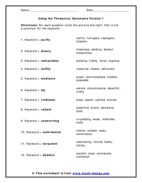 Using the Thesaurus: Synonyms Worksheet