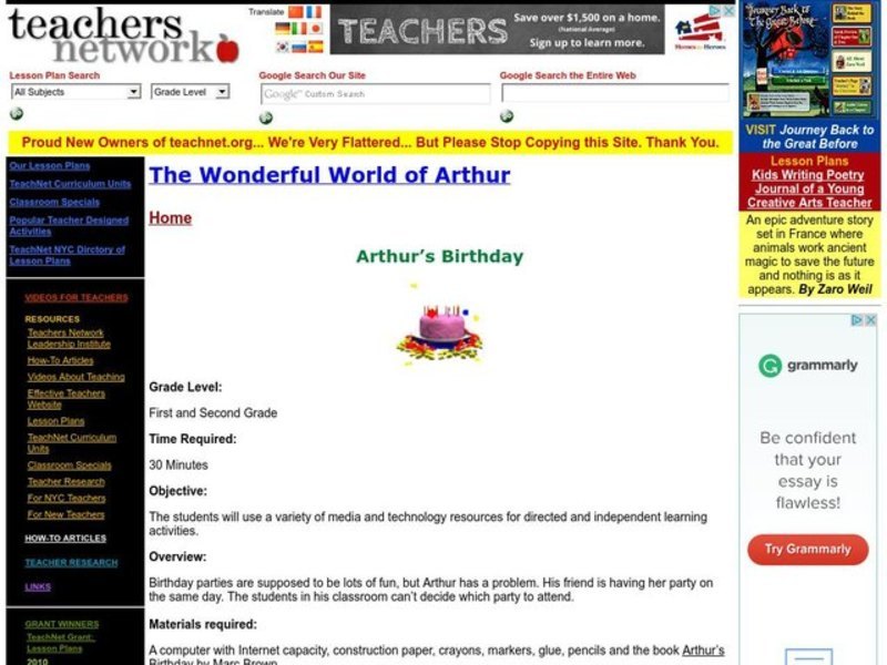 Arthur's Birthday Lesson Plan