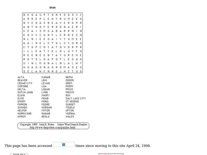 Utah Word Search Worksheet