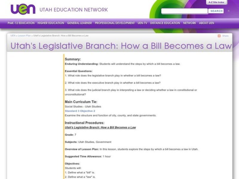 Utah's Legislative Branch: How a Bill Becomes a Law Lesson Plan