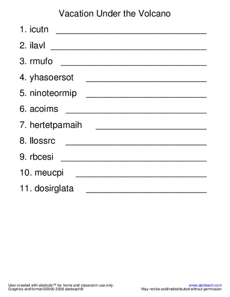 Vacation Under the Volcano Worksheet