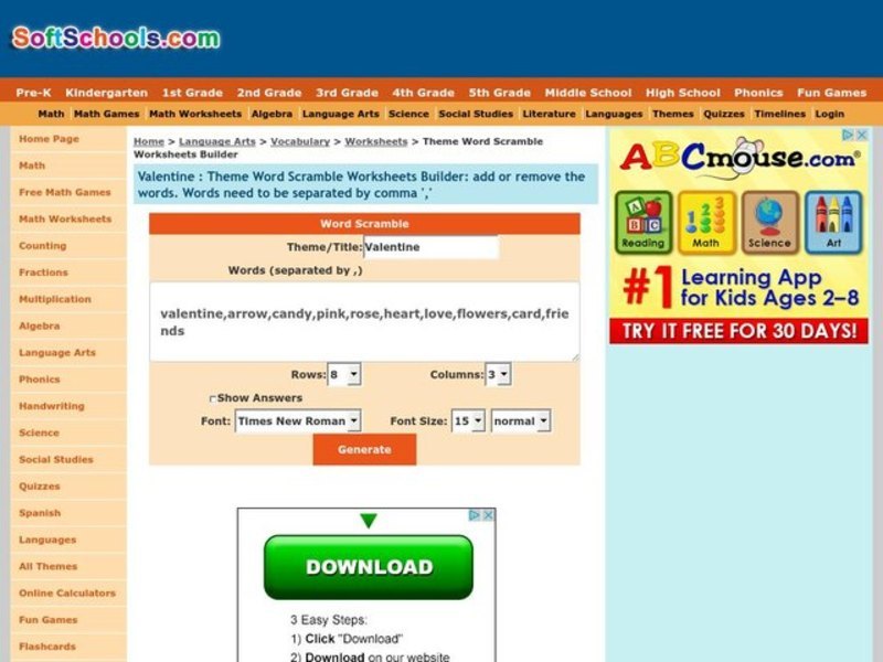 Valentine Word Search Worksheet