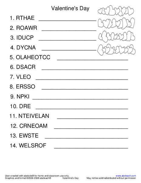Valentine's Day Word Scramble Worksheet