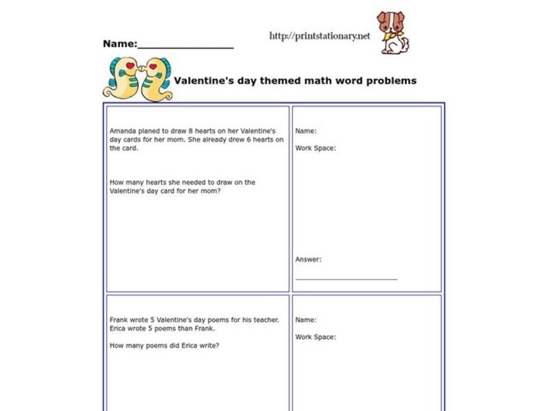 Valentine's Day Themed Math Word Problems Worksheet