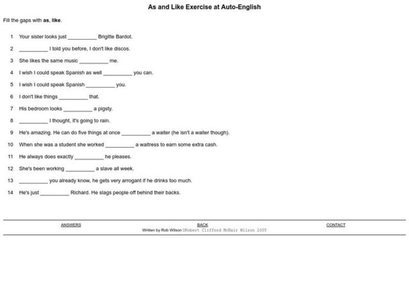 As and Like Exercise Worksheet