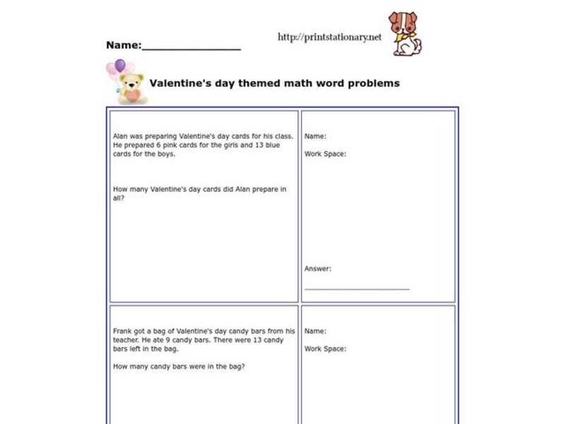 Valentine's Day Themed Math Word Problems Worksheet