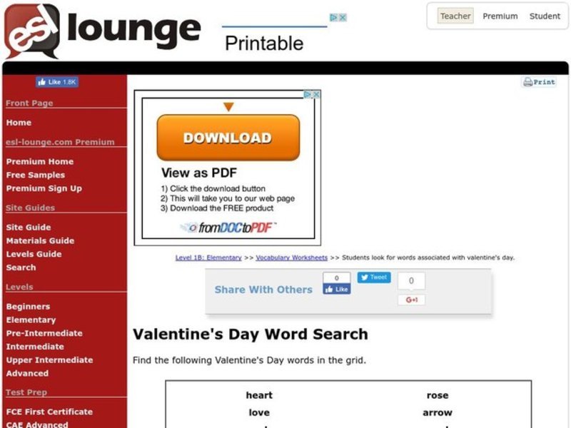 Valentine's Day Word Search Worksheet