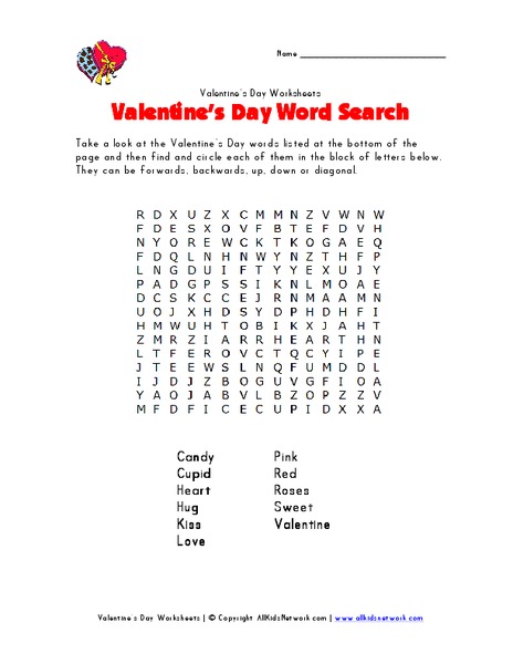 Valentine's Day Word Search Worksheet