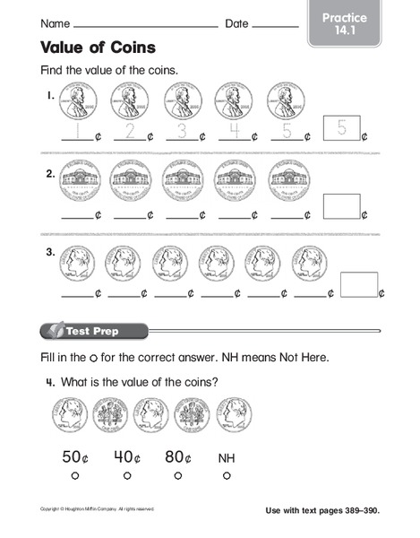 Value of Coins Worksheet