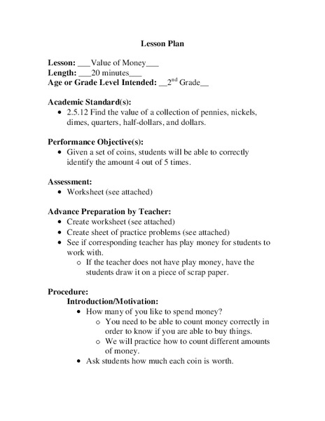 Value of Money Lesson Plan