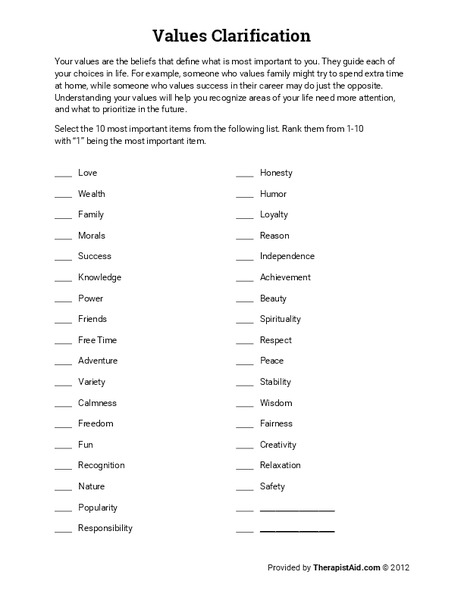 Values Clarification  Writing