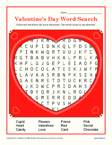 Valentine’s Day Word Search Worksheet