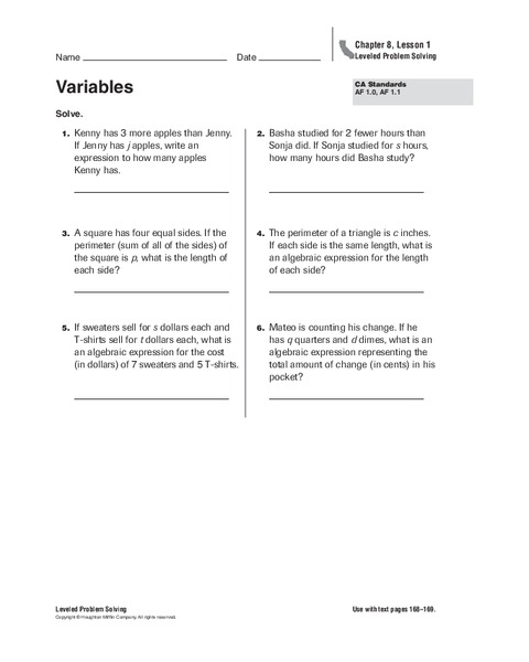 Variables Worksheet