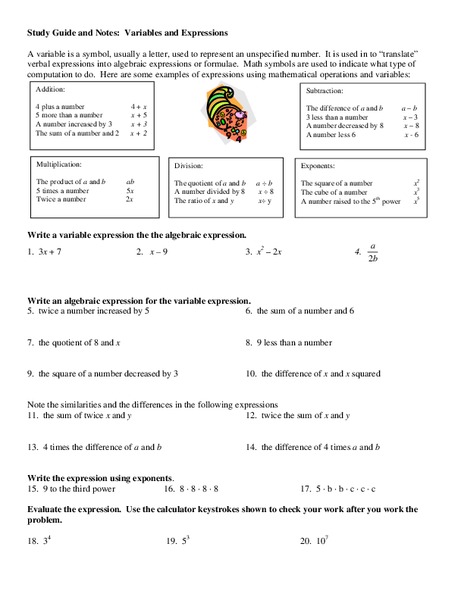 Variables and Expressions Worksheet