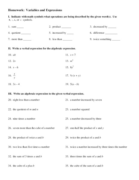 Variables and Expressions Worksheet