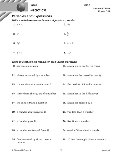 Variables and Expressions Worksheet