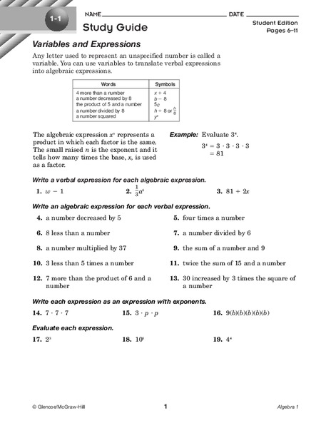 Variables and Expressions Worksheet