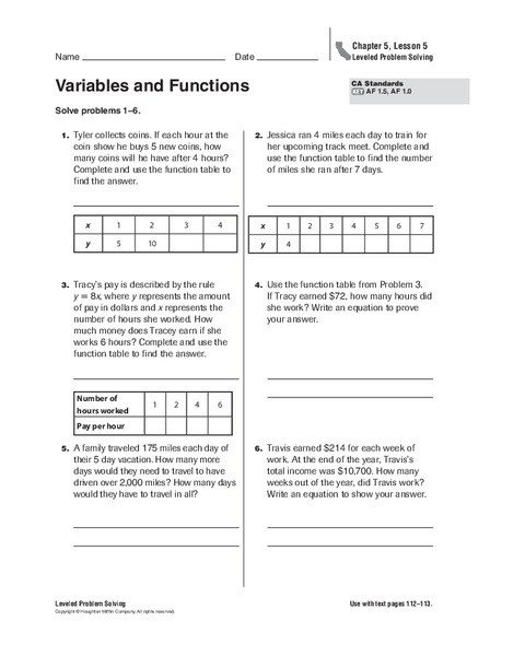 Variables and Functions Worksheet