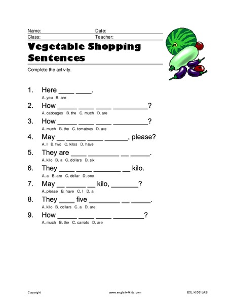 Vegetable Shopping Sentences Worksheet