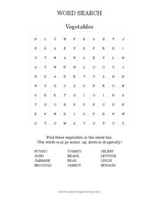 Vegetables Word Search Worksheet