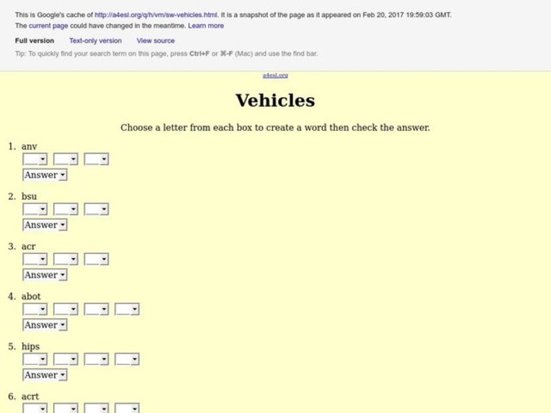 Vehicles Worksheet