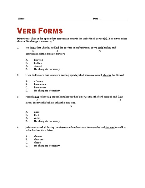 Verb Forms Worksheet